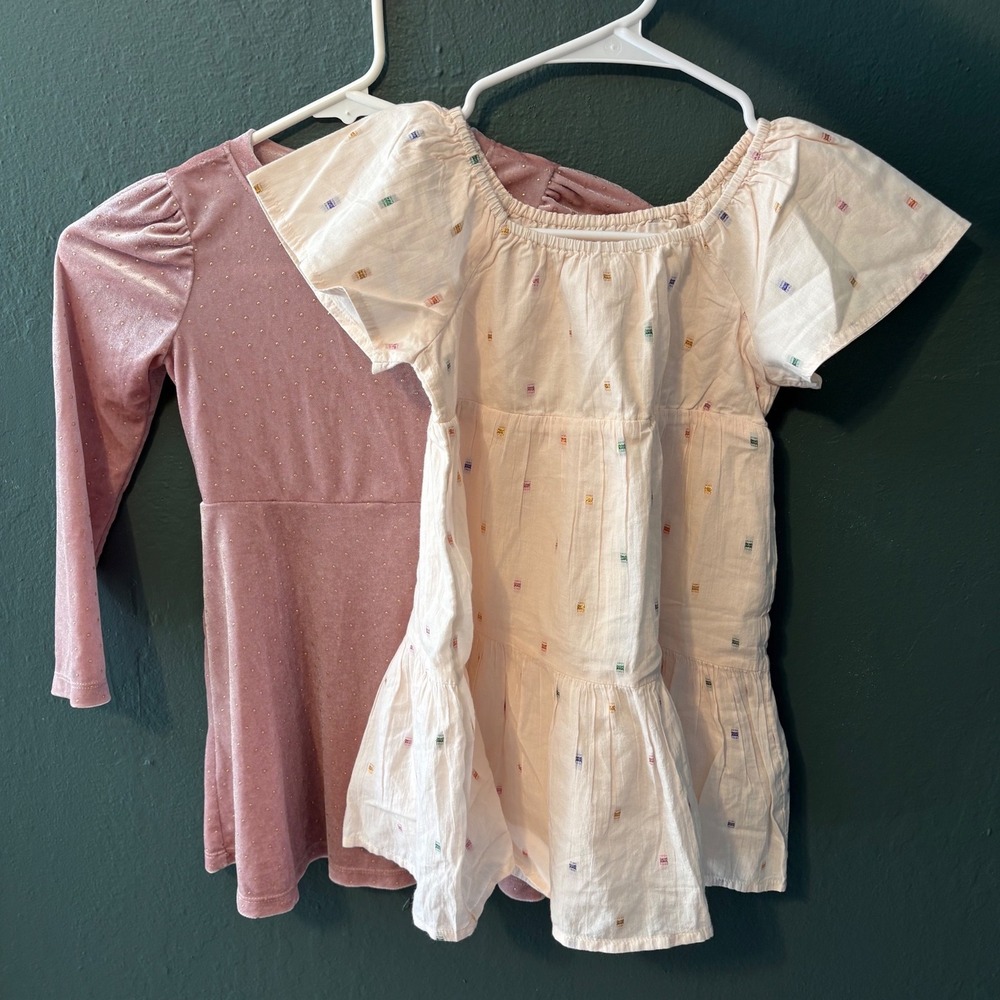 Gap Kids Dress Bundle Size XS 4/5 Pink Velvet Long Sleeve White Tiered Cotton